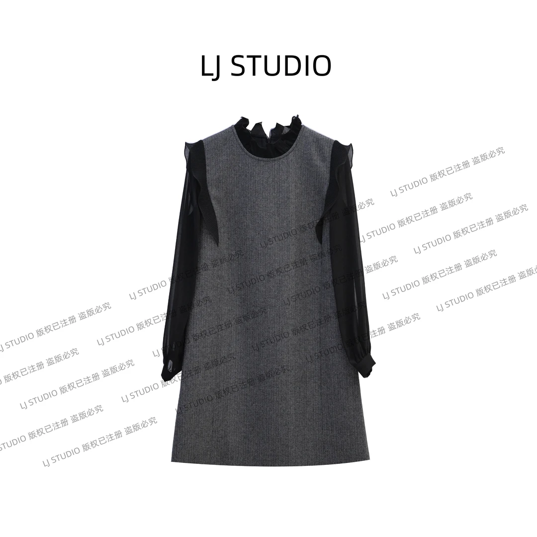 【丹姐专属】2024春秋感荷叶边连衣裙显瘦设计感小黑短裙LJ0101