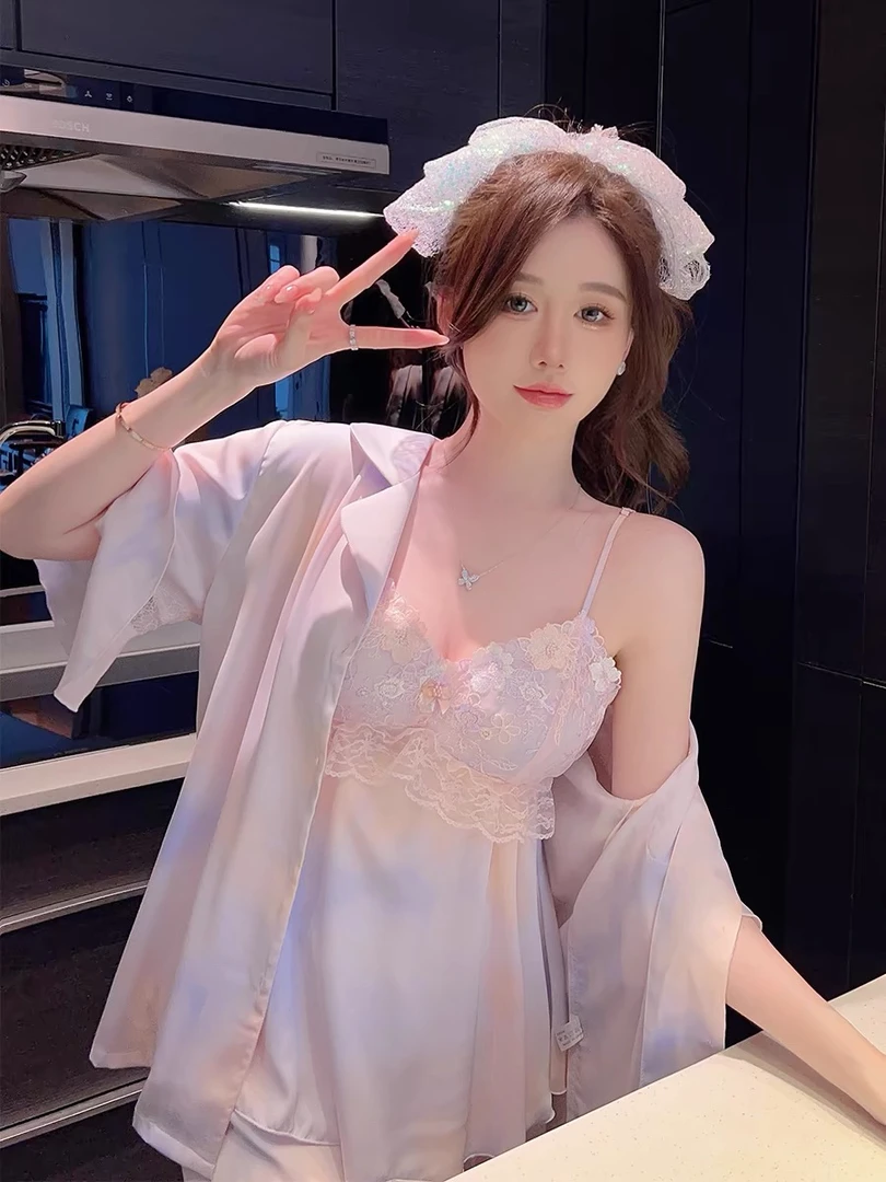 高级感渐变色冰丝睡衣女夏季性感蕾丝带胸垫遮胸吊带家居服四件套