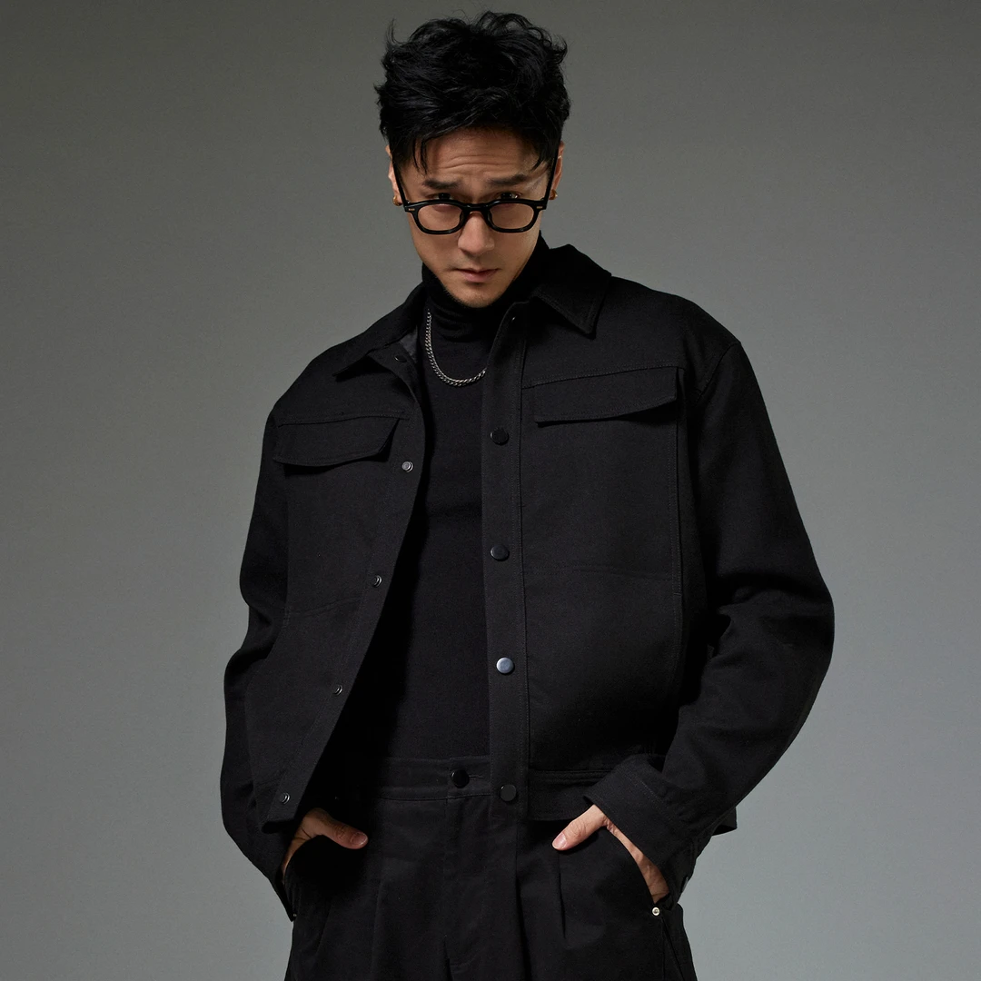 DRK多口袋廓形黑夹克外套男士短款时尚休闲百搭翻领黑色经典简约