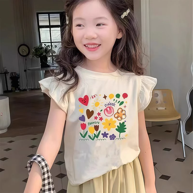 设计感纯棉女童短袖T恤夏季新款飞飞袖中小儿童时尚百搭圆领卫衣