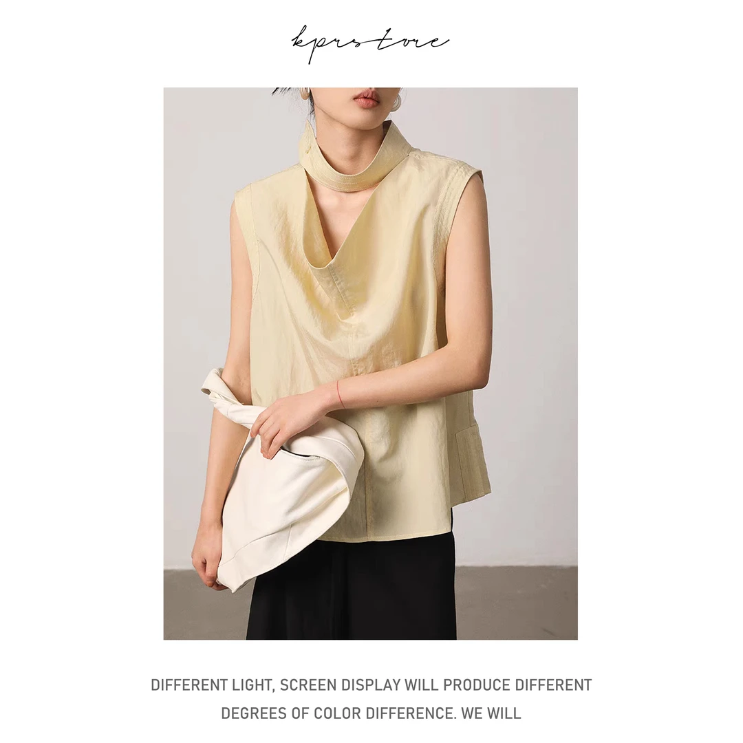 无袖工装风格女式衬衫卡其绿系带领衬衣