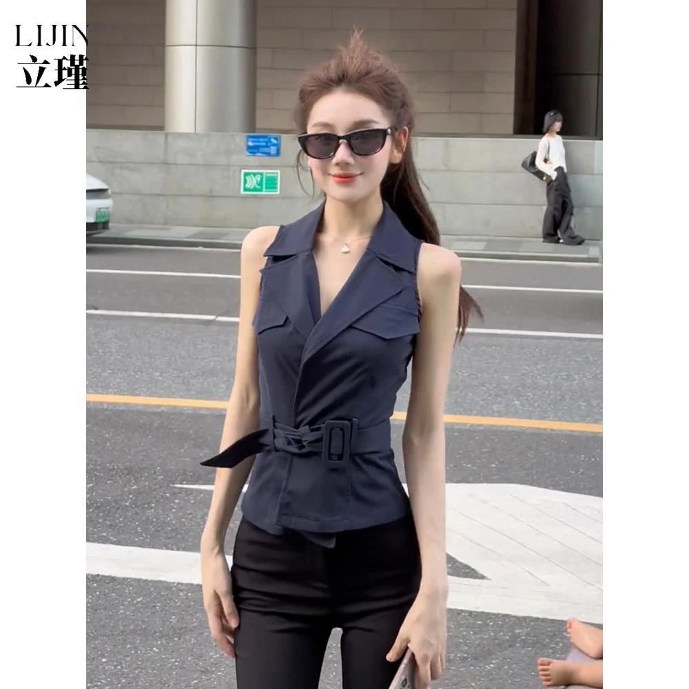 法式西装领无袖衬衫女夏季2025新款收腰显瘦设计感小众高级感上衣