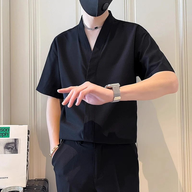 2025新款短袖衬衫男夏季冰丝垂感无领衬衣韩版轻熟潮男装黑色上衣