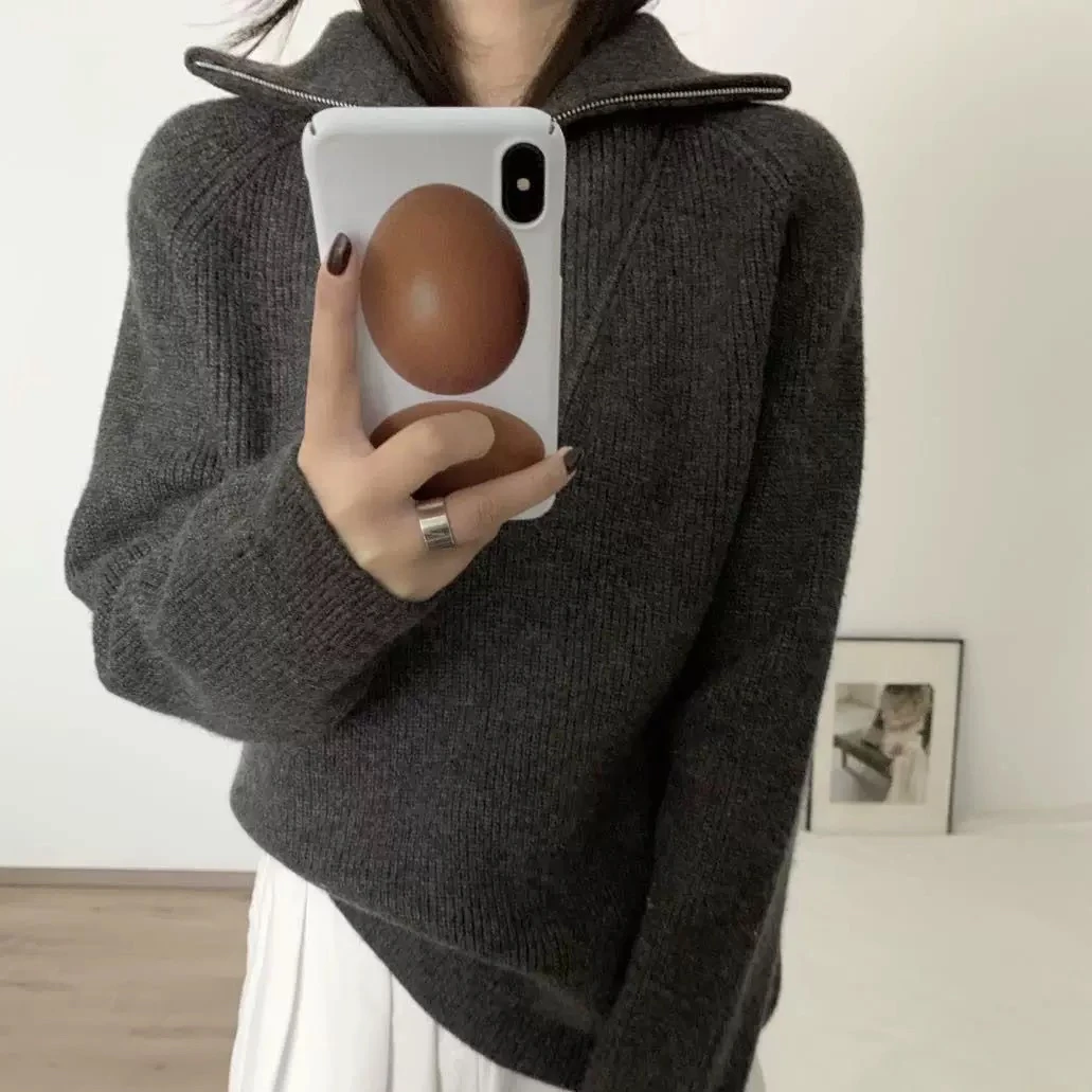 半拉链翻领套头毛衣女秋冬季新款软糯8720坑条针织上衣