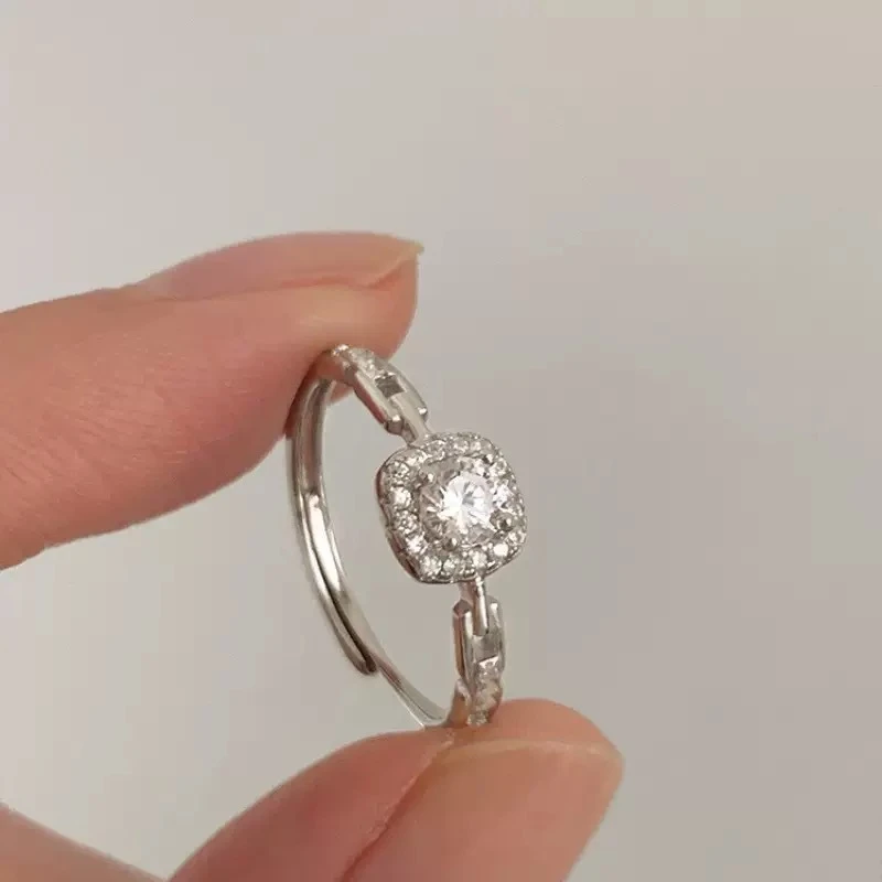 足银戒指 999纯银方糖戒指女小众轻奢气质高级感指环方钻百搭通勤