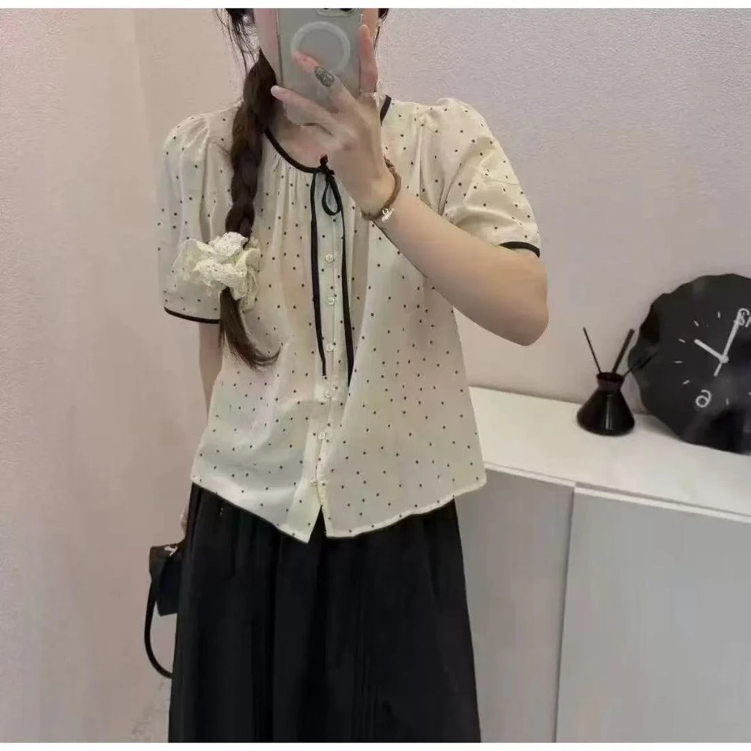 大美服饰 2357甜美波点系带圆领短袖衬衫女