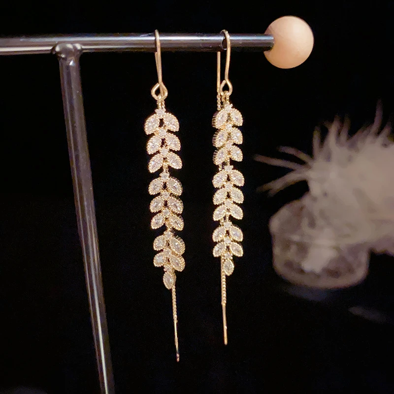 铜合金合成锆石耳饰 【HD】时尚简约气质个性轻奢麦穗长款小众耳线