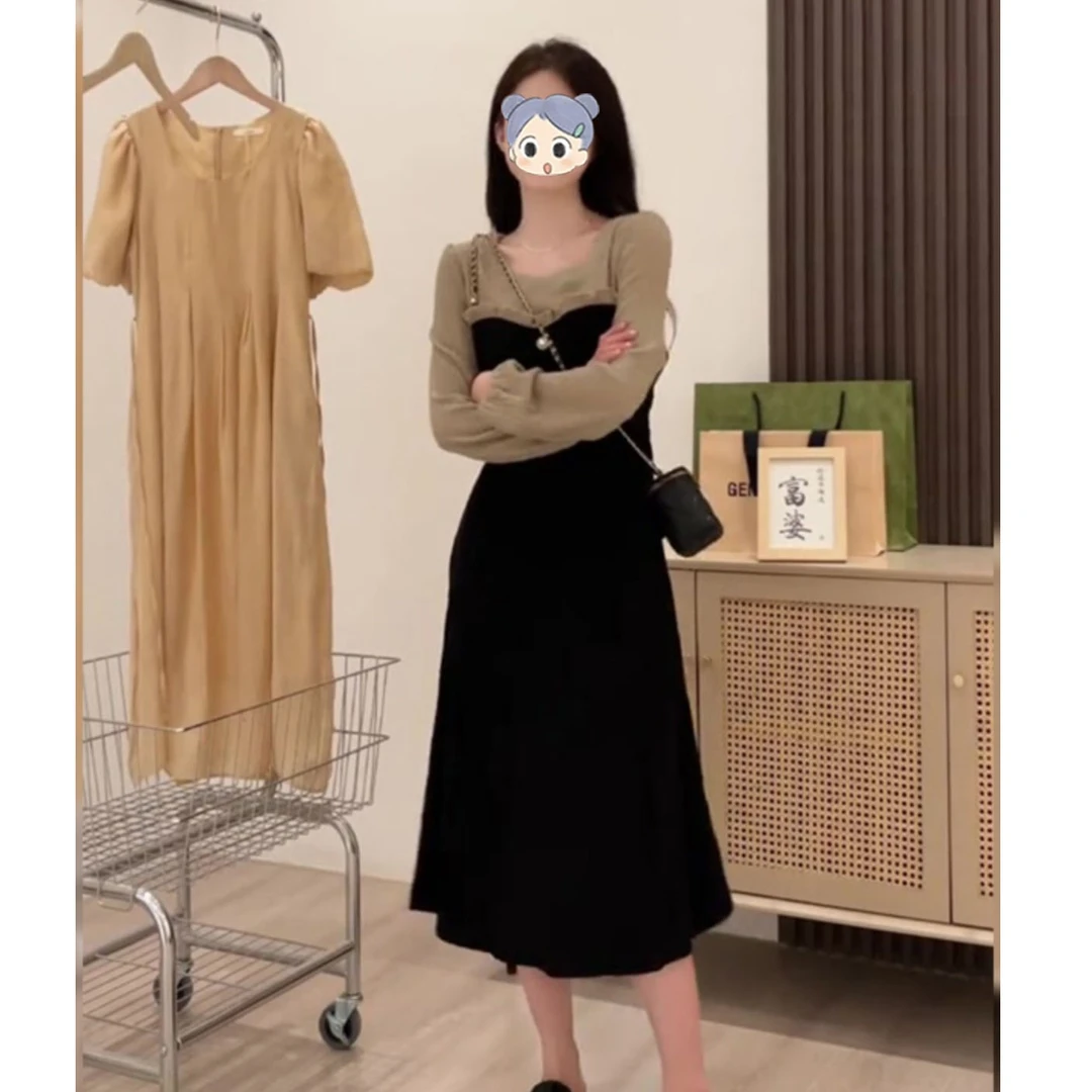 早秋大码女装胖mm长袖假两件长裙微胖妹妹高级感小个子显瘦连衣裙