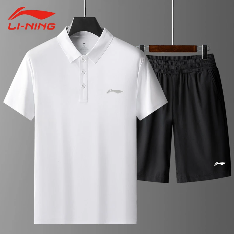 李宁速干运动套装男POLO衫休闲T恤短袖短裤夏季新款冰丝健身跑步