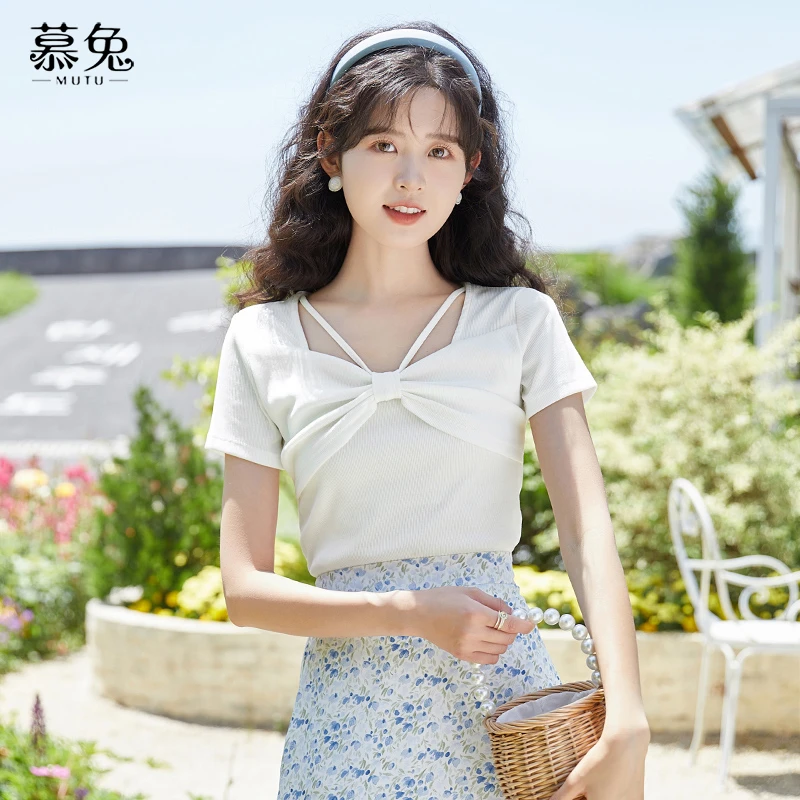 【正】慕兔小个子修身短袖t恤女2024夏季蝴蝶结设计感小众显瘦上衣