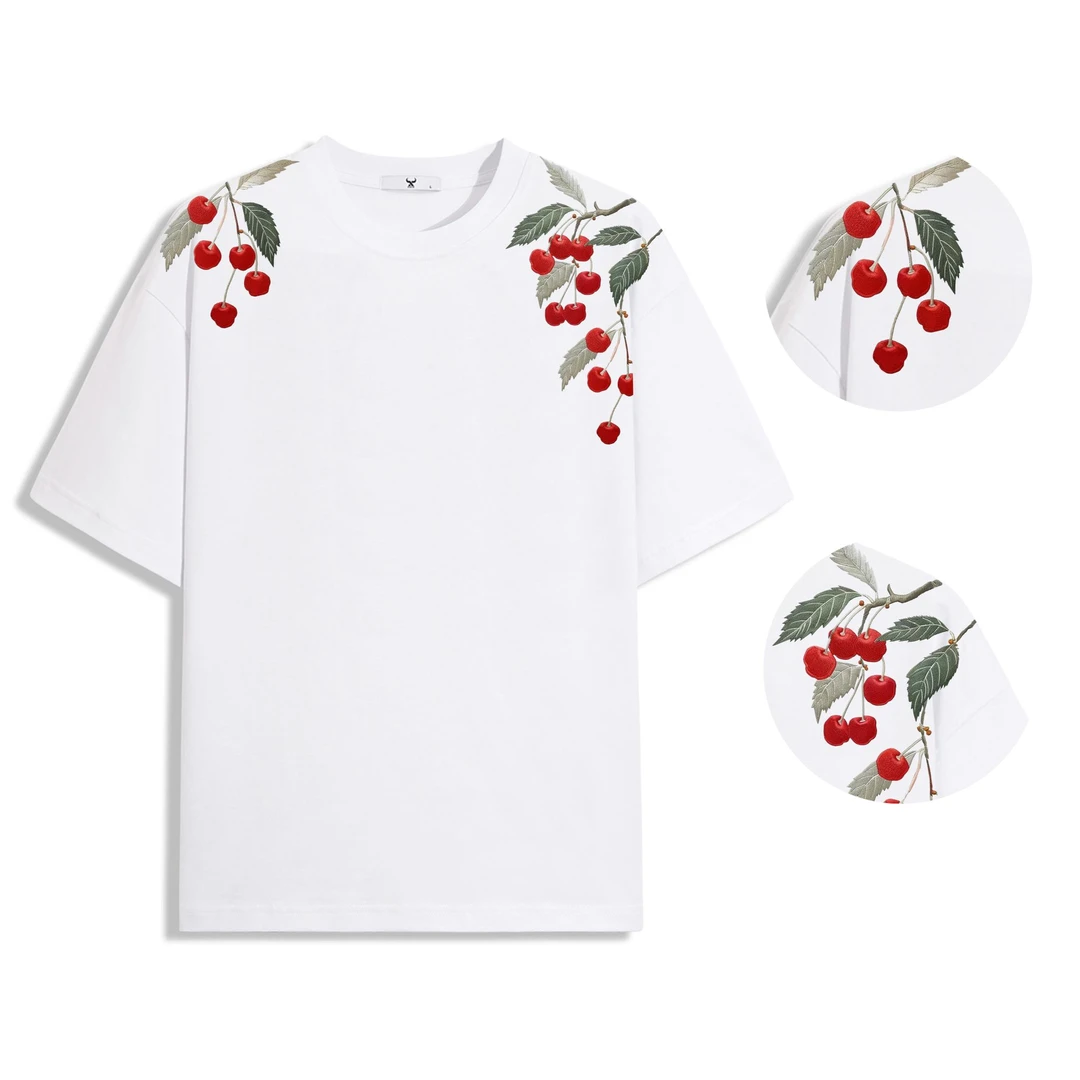 2025夏季新款樱桃重磅刺绣高棉感男女同款时尚圆领短袖
