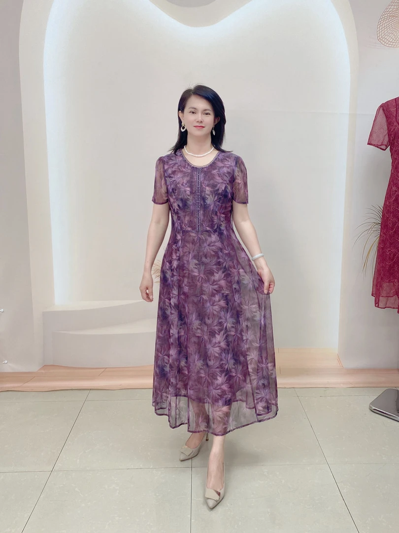 时尚宽松中长裙显瘦休闲风印花夏季优雅台湾纱连衣裙气质裙子