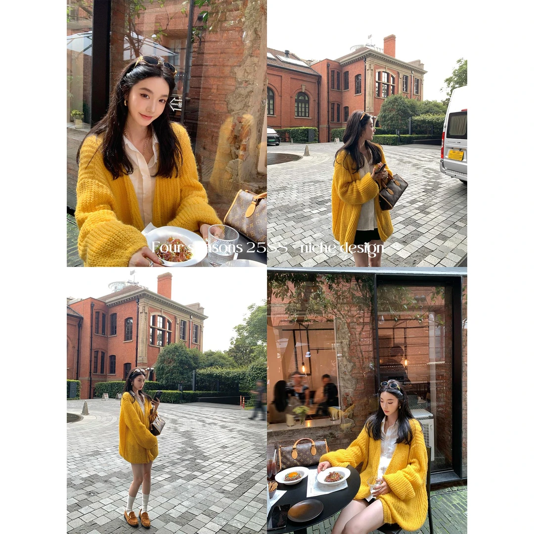 区区欧阳马海毛针织衫女秋季新款慵懒风毛衣外套宽松复古开衫上衣