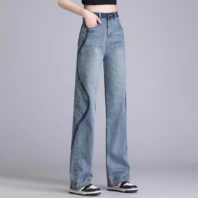 拉夏贝尔设计感撞色阔腿裤女2025春秋新款时尚修身窄版直筒牛仔裤