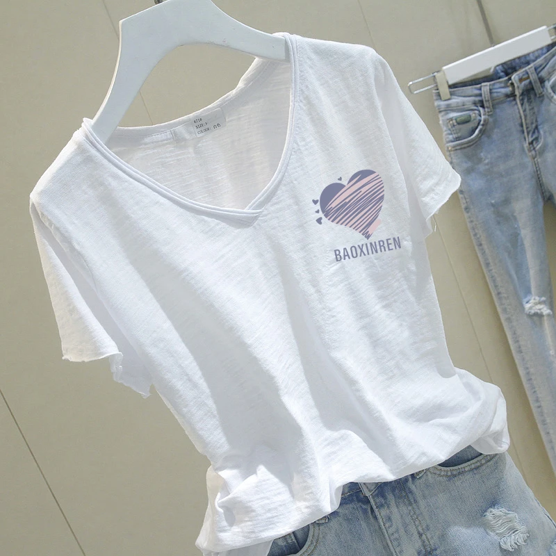 休闲风心形印花短袖V领2025夏季新款竹节棉宽松型T恤白色清冷打底