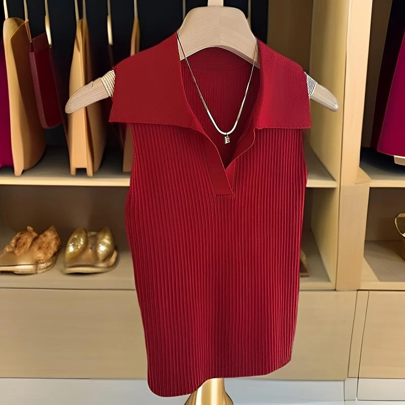 2025夏季复古港风设计感polo领小众针织衫修身纯色无袖背心上衣女