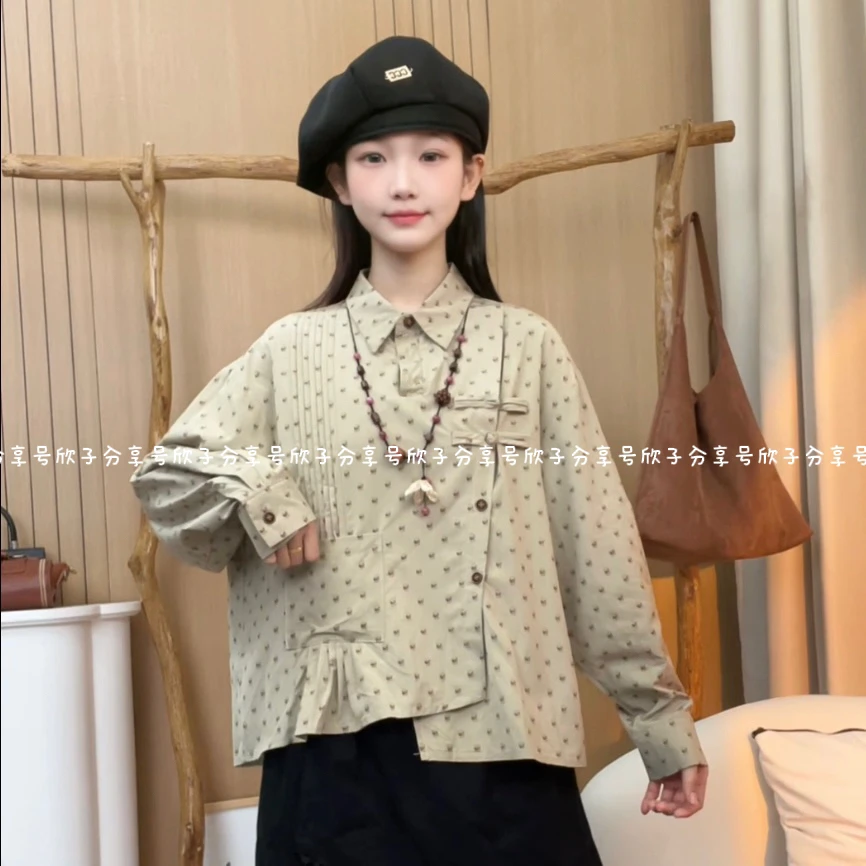 XZ “森系风”秋季新款高级感气质满印长袖翻领宽松不规则设计衬衫