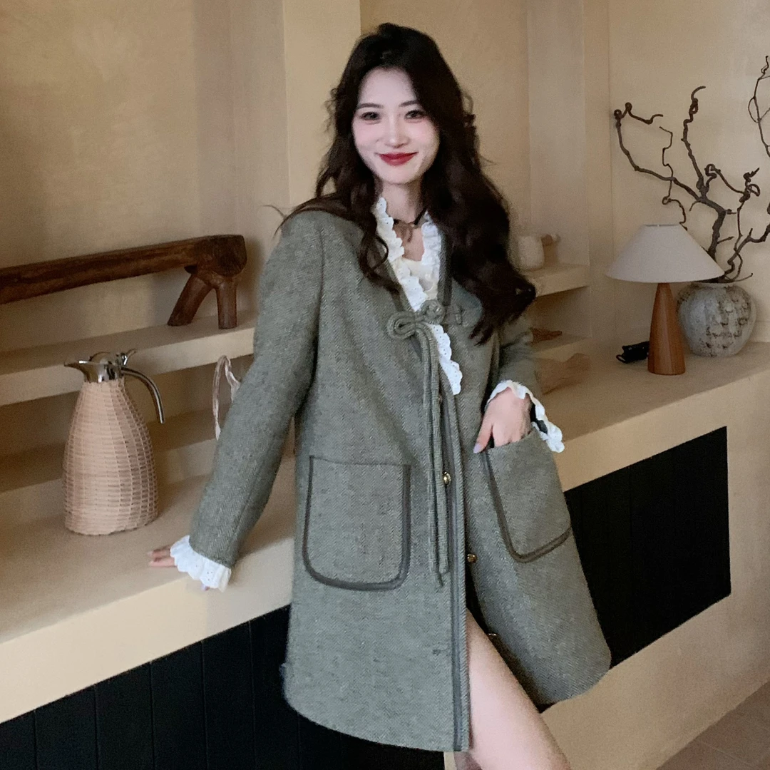 【青叶玫瑰外套】高级感拼接蕾丝花边毛呢外套女秋冬气质显瘦