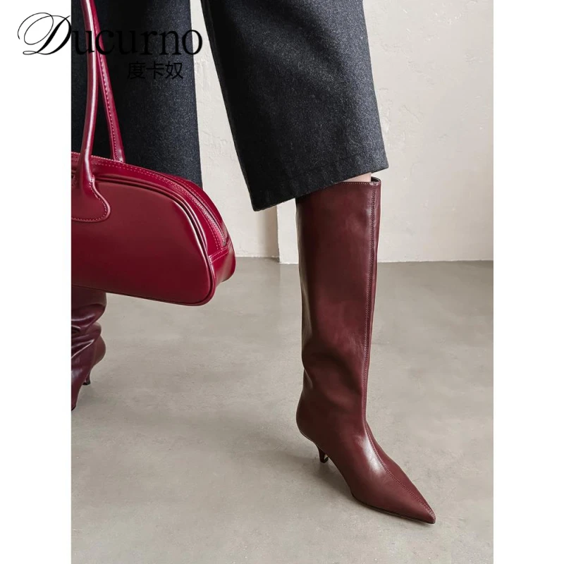 颜值硬控~！性感尖头小猫跟长筒鞋时尚气质真皮黑色细跟高跟高筒靴