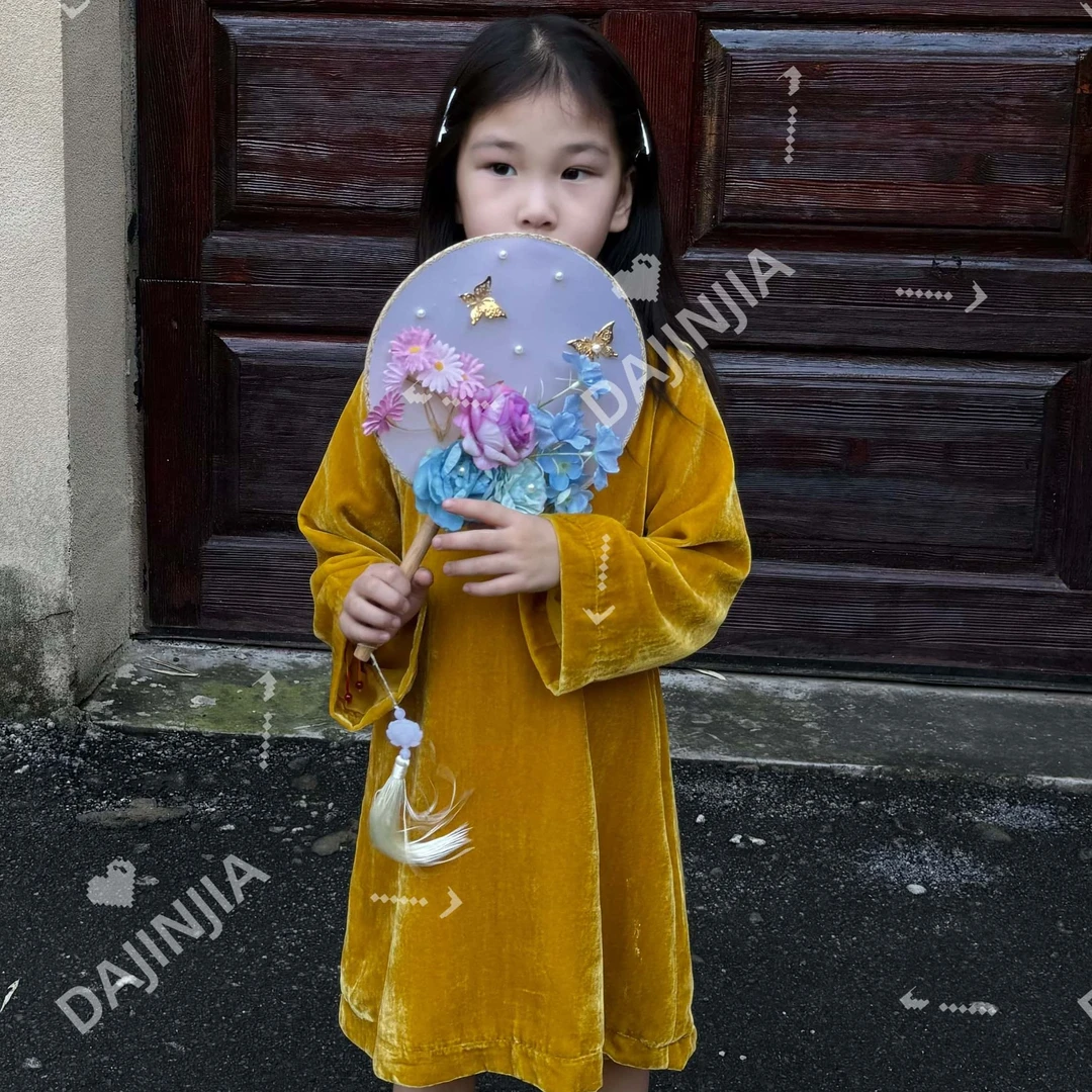 大金定制新中式中秋国风系列连衣裙女宝宝黄色丝绒旗袍公主裙