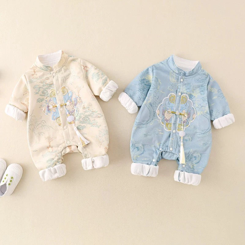 【双层】春秋季新款盘扣如意刺绣荷花吊坠婴幼儿男女宝连体衣童装