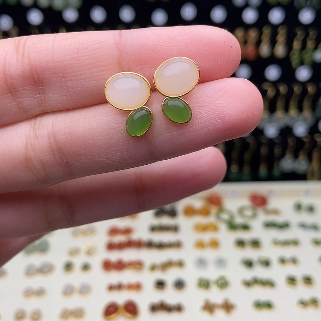 和田玉银S925镀金镶嵌耳饰