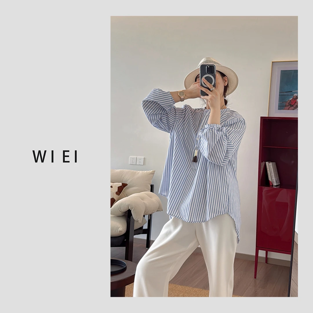 《WI EI》海际线*蓝白撞色条纹 宽松薄款 半开襟 衬衫R1961