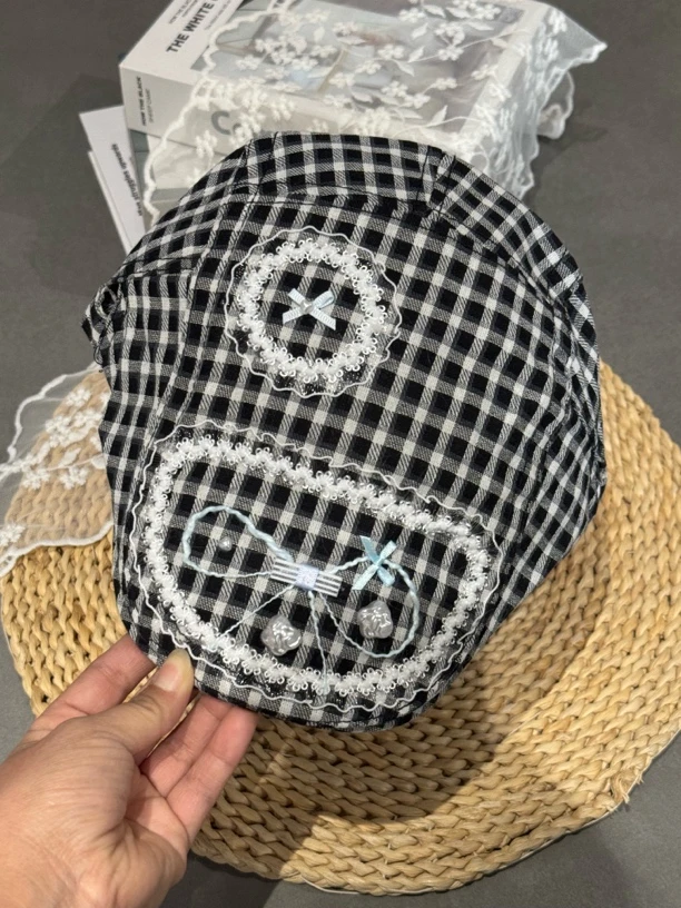 磨边蝴蝶结平顶贝雷帽平檐女帽子格子百搭黑色时尚鸭舌帽