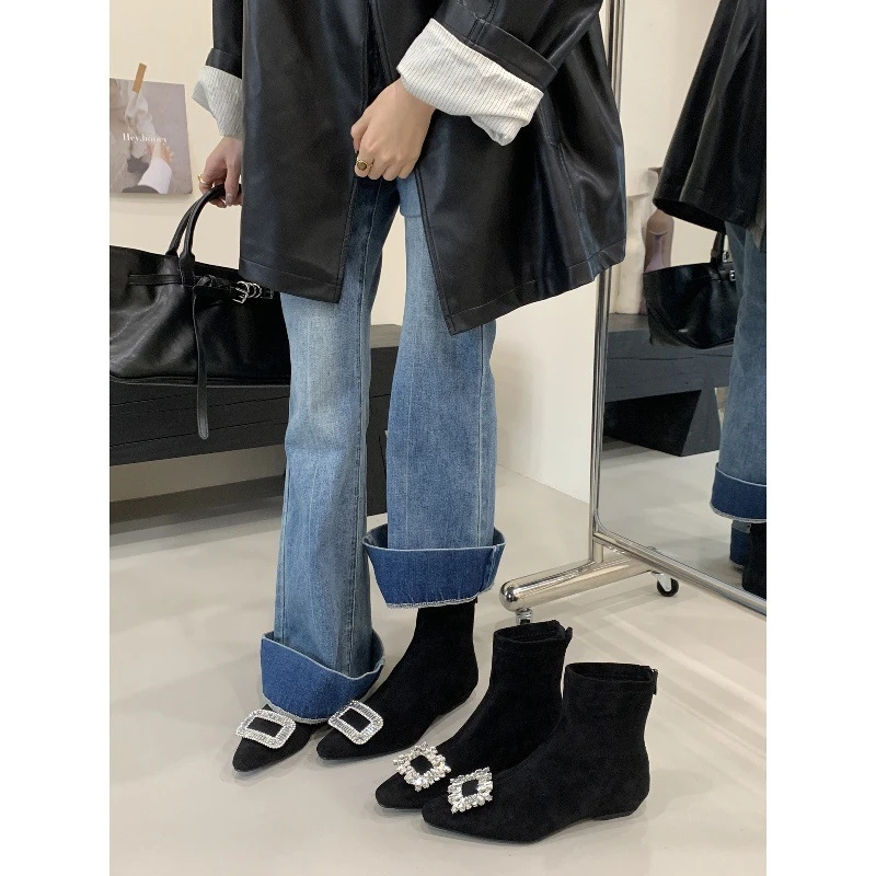2025内增高短靴女夏夏单靴水钻方扣绒面百搭后拉炼短筒瘦瘦靴百搭