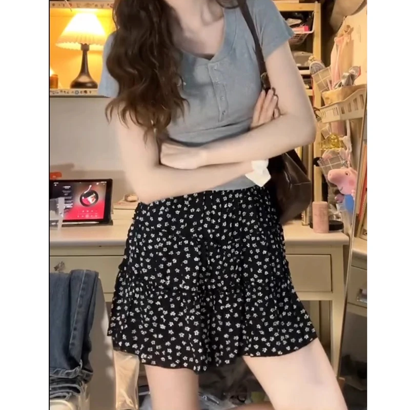 黑色碎花蛋糕短裙女高腰显瘦夏季梨形身材防走光波点a字半身裙子
