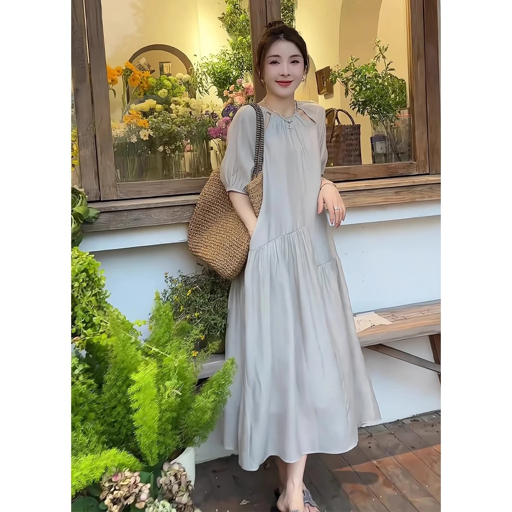 韩版简约休闲宽松短袖连衣裙女夏微胖显瘦气质高级感收腰小众长裙