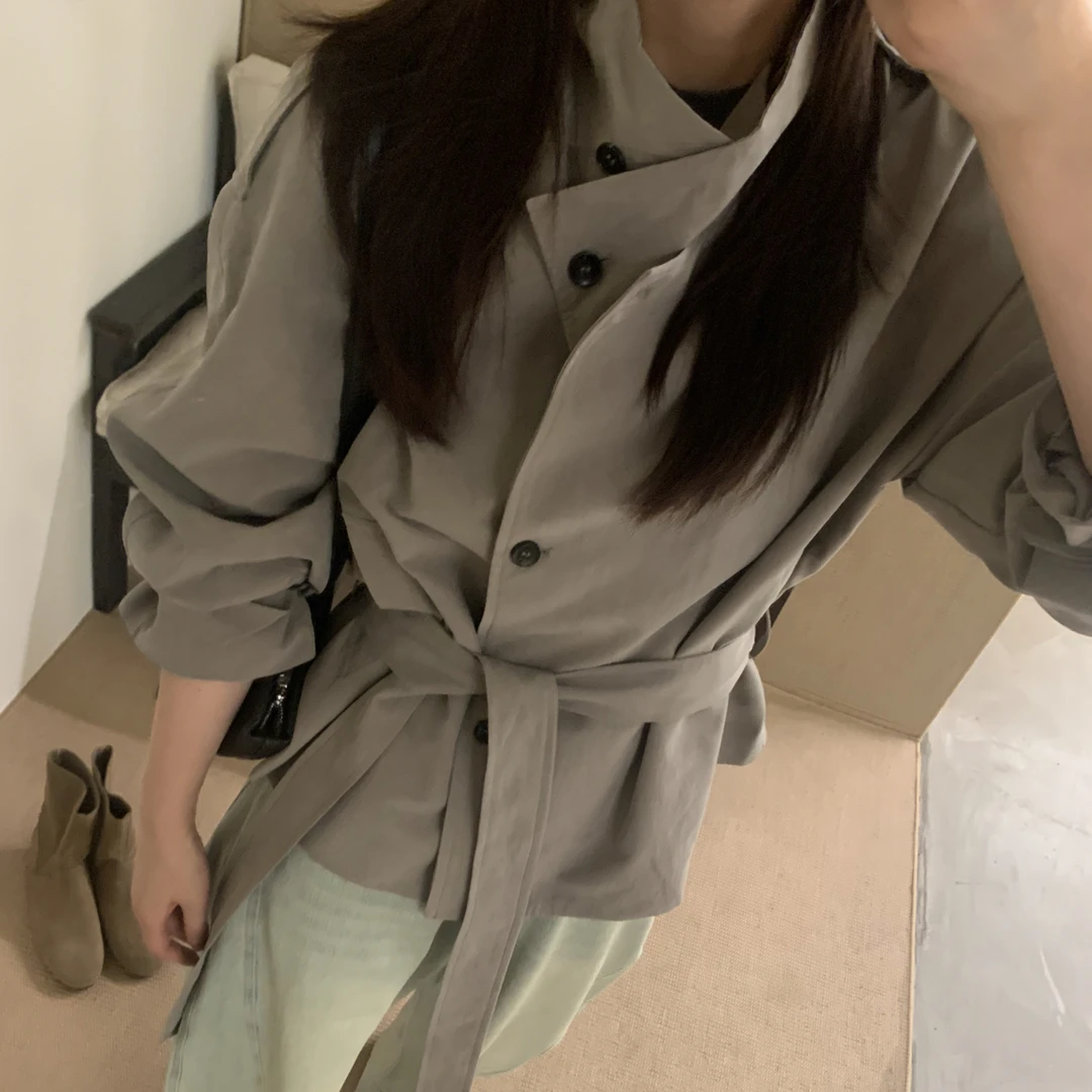 【梨花服饰】立领撞色风衣外套