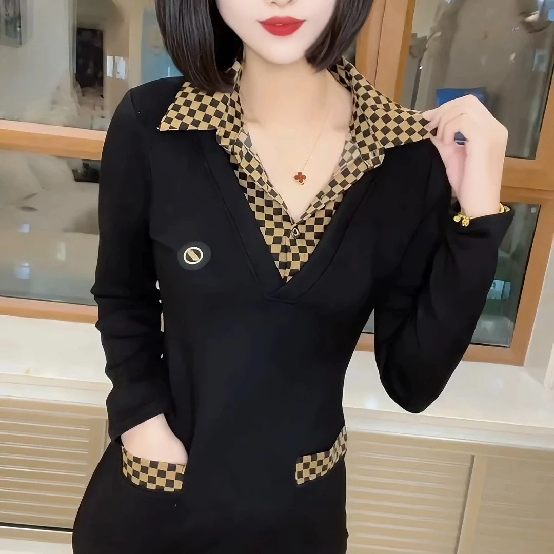 秋冬款polo领假两件拼接方格显瘦洋气百搭中长款连衣裙女