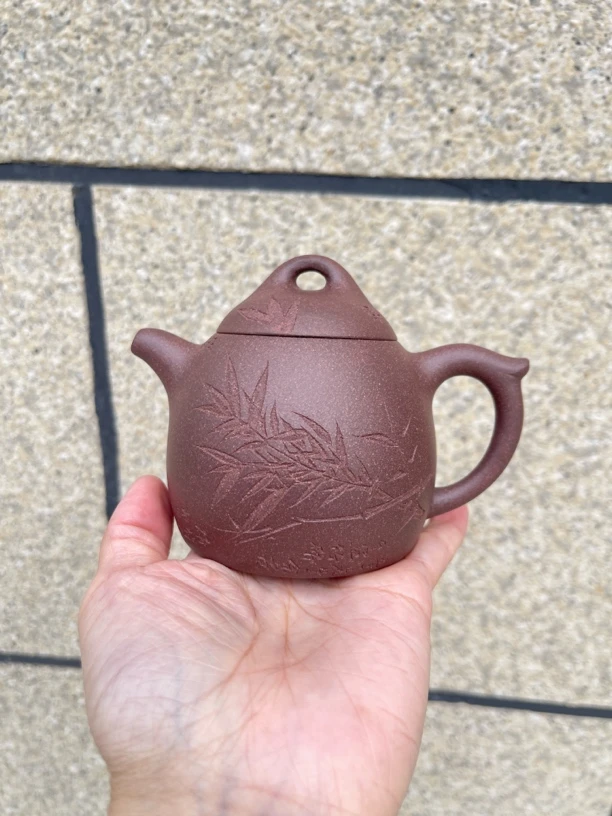 宜兴正品紫砂壶原矿底槽青石磨料刻竹秦权容量220cc半手工