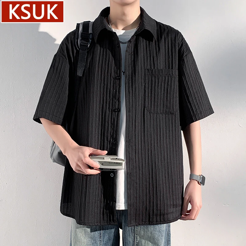 KSUK高级感褶皱潮流夏季宽松痞帅衬衫男短袖百搭休闲肌理感衬衣
