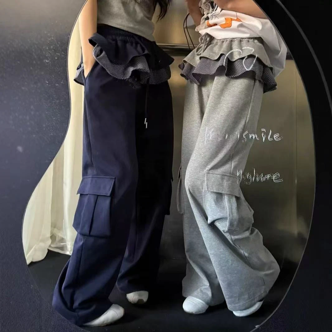 0087-春夏新品韩系街头休闲花边拼假两件休闲裤女