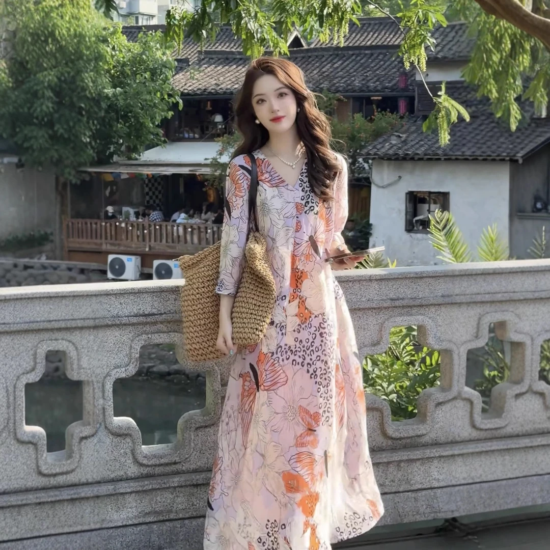 法式甜美印花宽松显瘦连衣裙女2025夏季新款茶歇粉色长裙