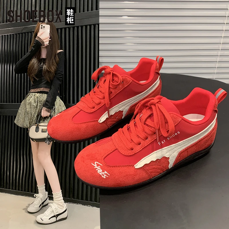 SHOEBOX鞋柜红色德训鞋女2025秋季新款拼色软底休闲运动阿甘鞋