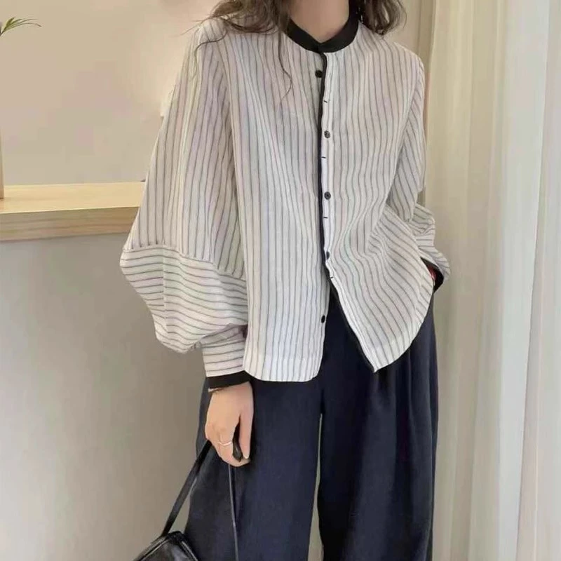 2025春夏新款韩版宽松显瘦百搭条纹衬衫女长袖休闲衬衣薄外套上衣