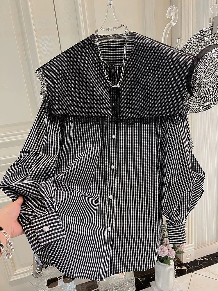 黑屿白/619 休闲风少女风法式时尚秋季衬衫复古时尚休闲韩版上衣