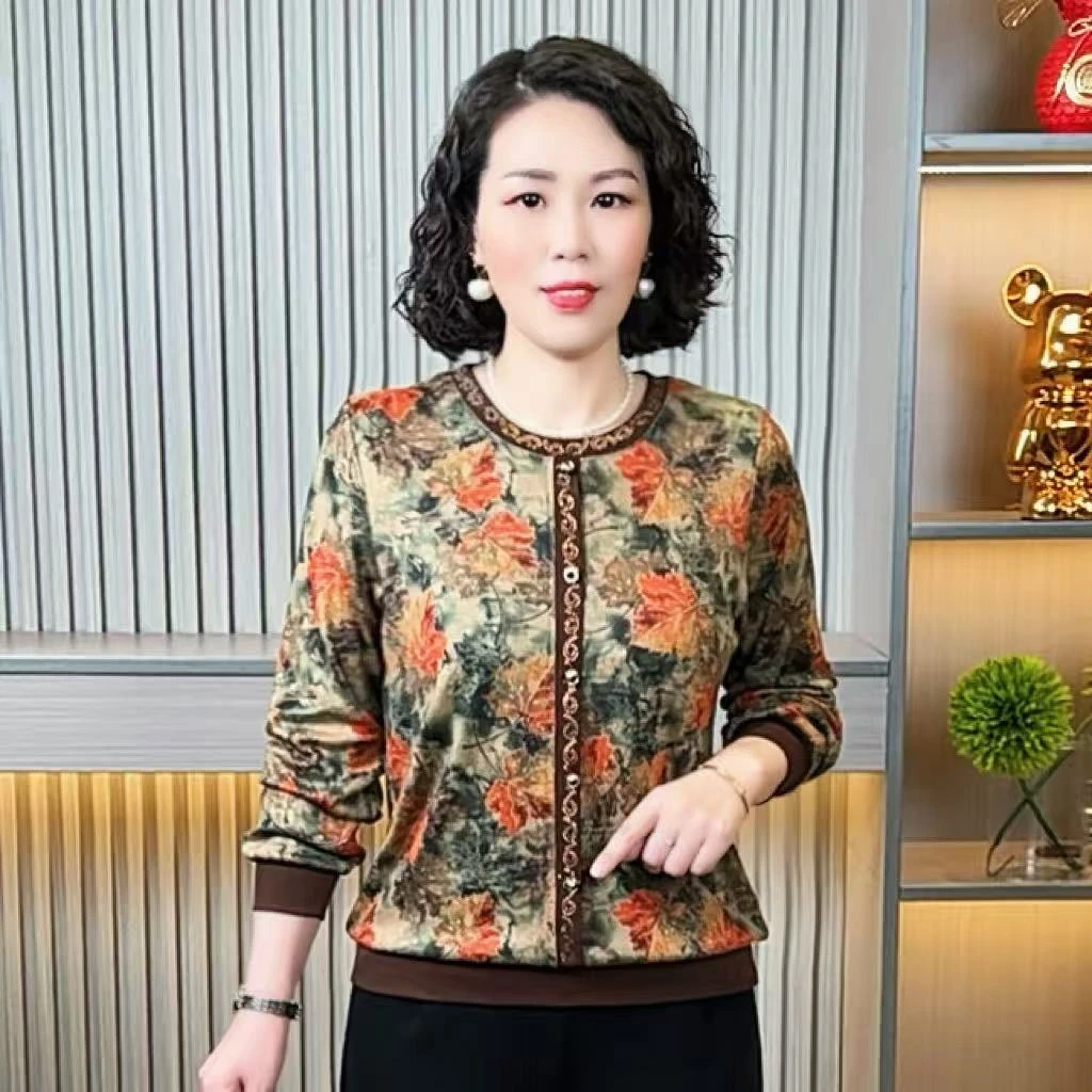 妈妈秋装时尚圆领印花长袖小衫中老年妈妈装洋气百搭短款宽松显瘦