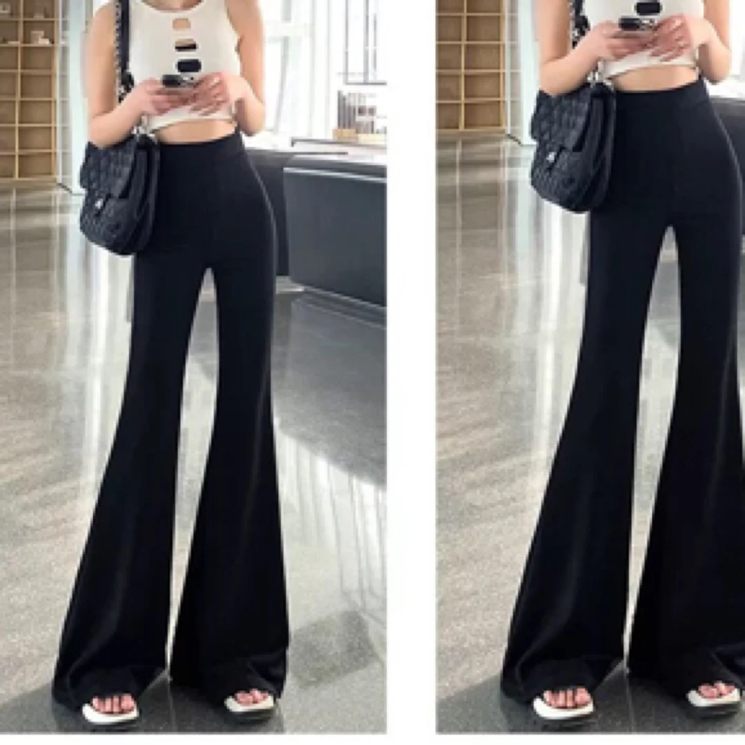 黑色修身休闲长裤女春夏秋季新款弹力垂感微喇裤松紧腰显瘦喇叭裤