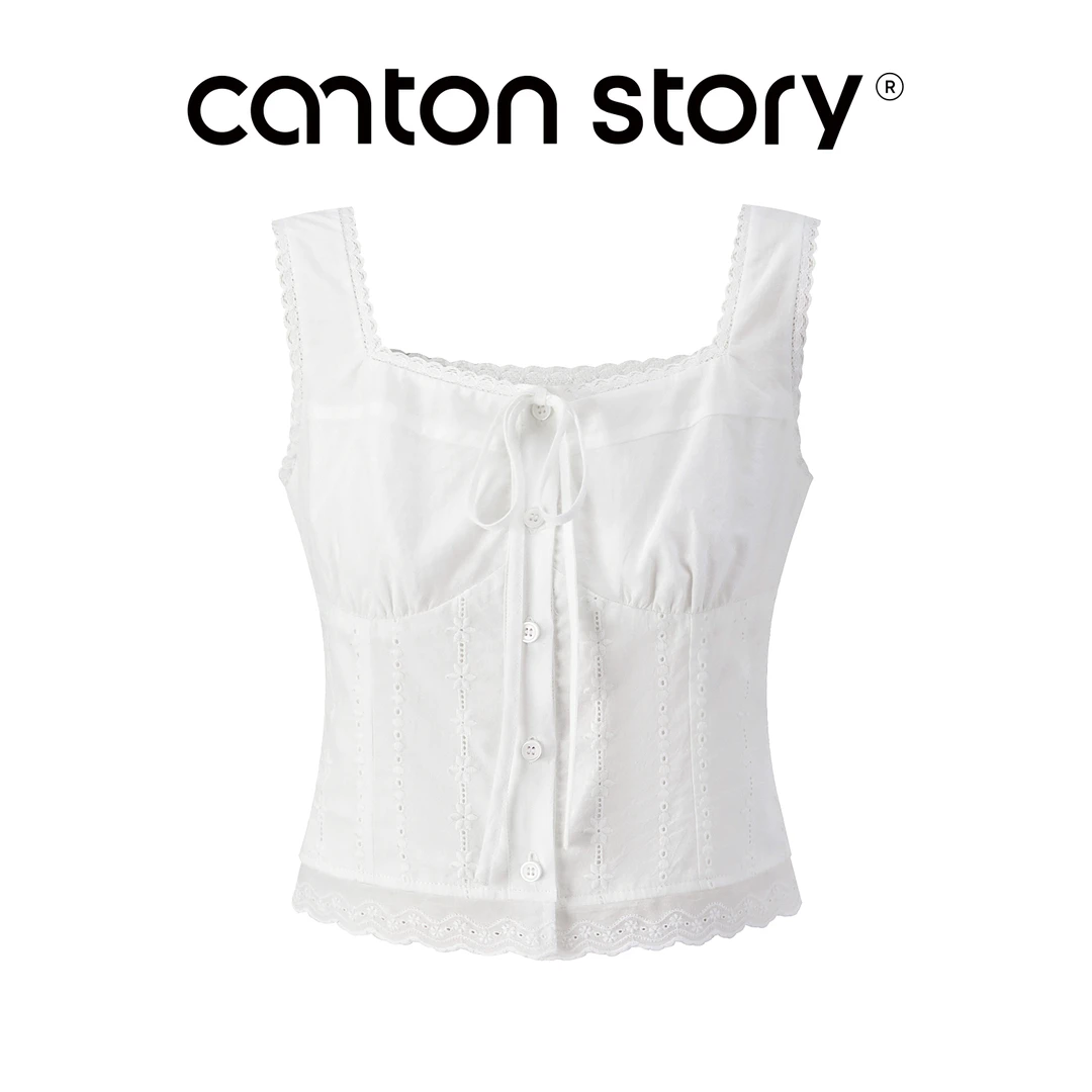 羊城故事 白色蕾丝花边系带背心吊带小众修身上衣 Y50751891