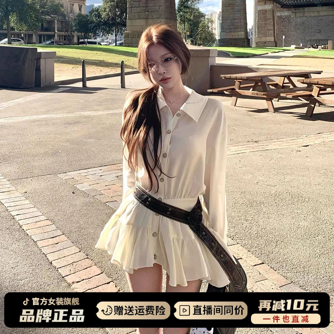 韩版荷叶边百褶衬衫裙子气质连衣裙2025新款女小个子收腰a字裙潮