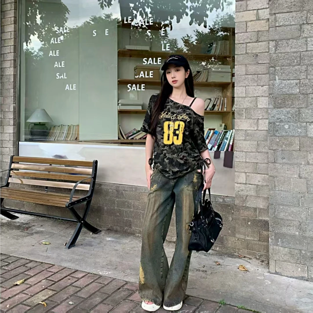 甜辣休闲斜肩T恤短袖长款韩系ins宽松网红破洞出游服装女上衣印花