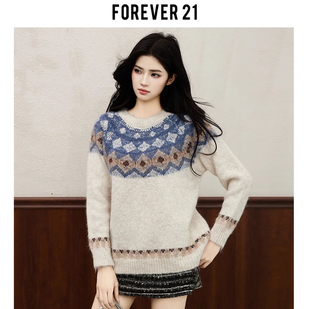 Forever 21费尔岛风圆领套头毛衣女2025冬季新款复古软糯针织衫女