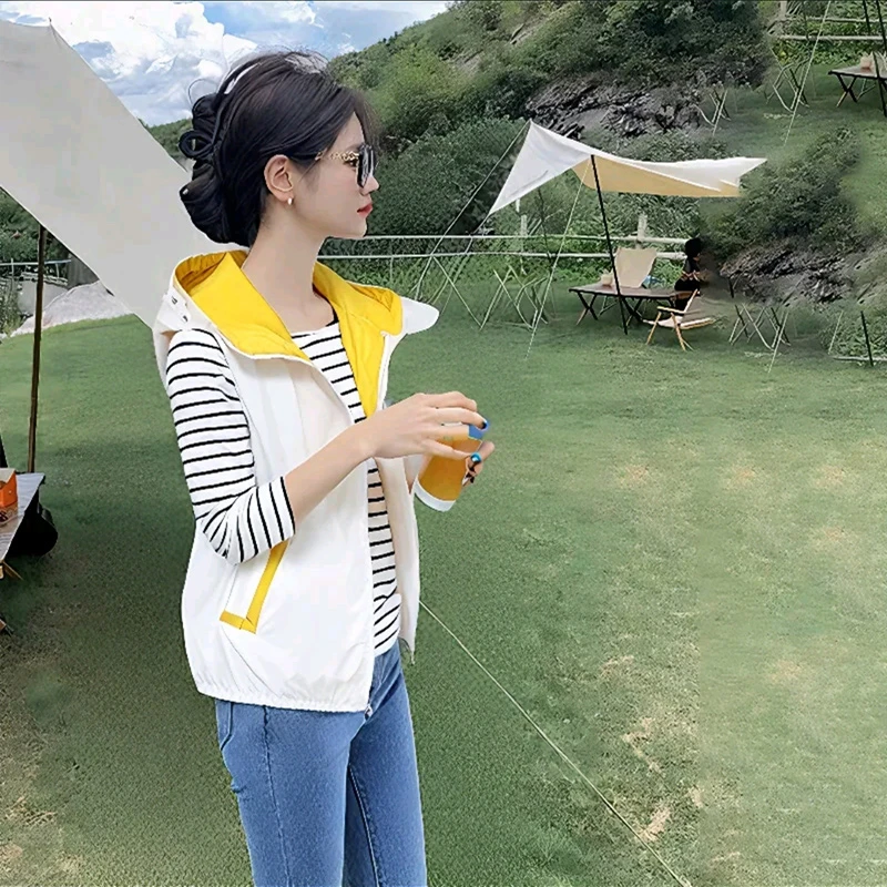 休闲防晒外套2025年夏季薄款新款时尚洋气连帽背心防晒马夹外套女