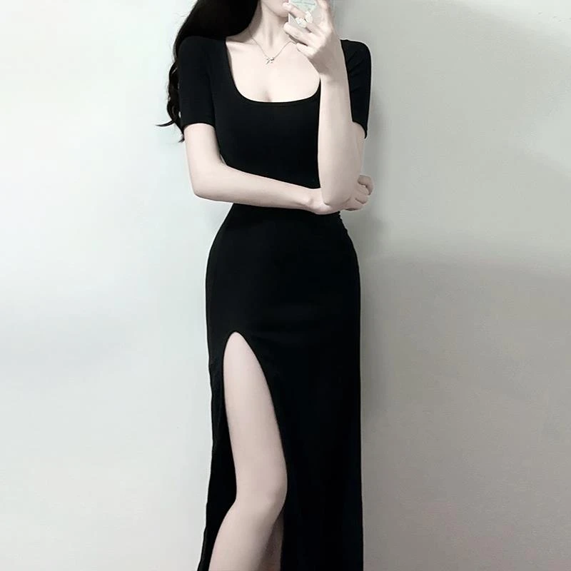 黑色修身性感小众长款开叉U领连衣裙显瘦小个子微胖小黑裙长裙夏