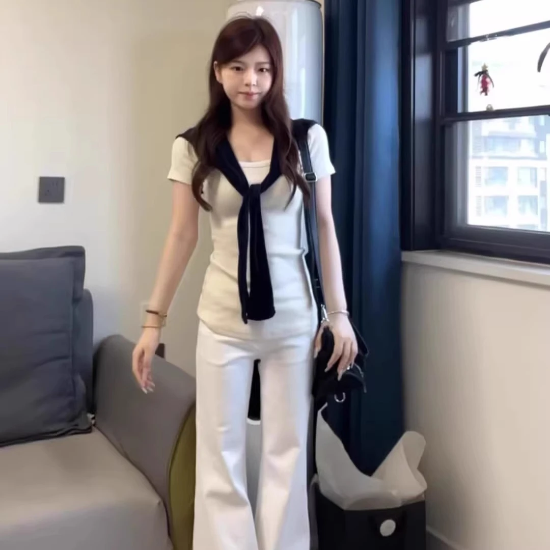 韩系白色U领正肩短袖t恤女夏季独特漂亮超好看修身披肩上衣两件套