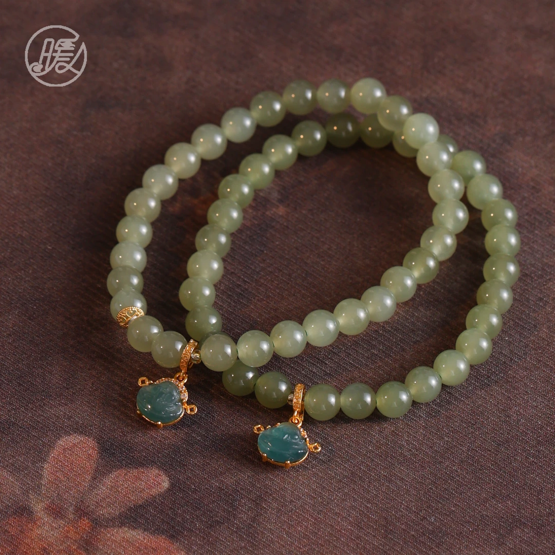 Nuanyan/暖言单圈和田玉手串6mm搭配财财吊坠手链A6970多样性发一